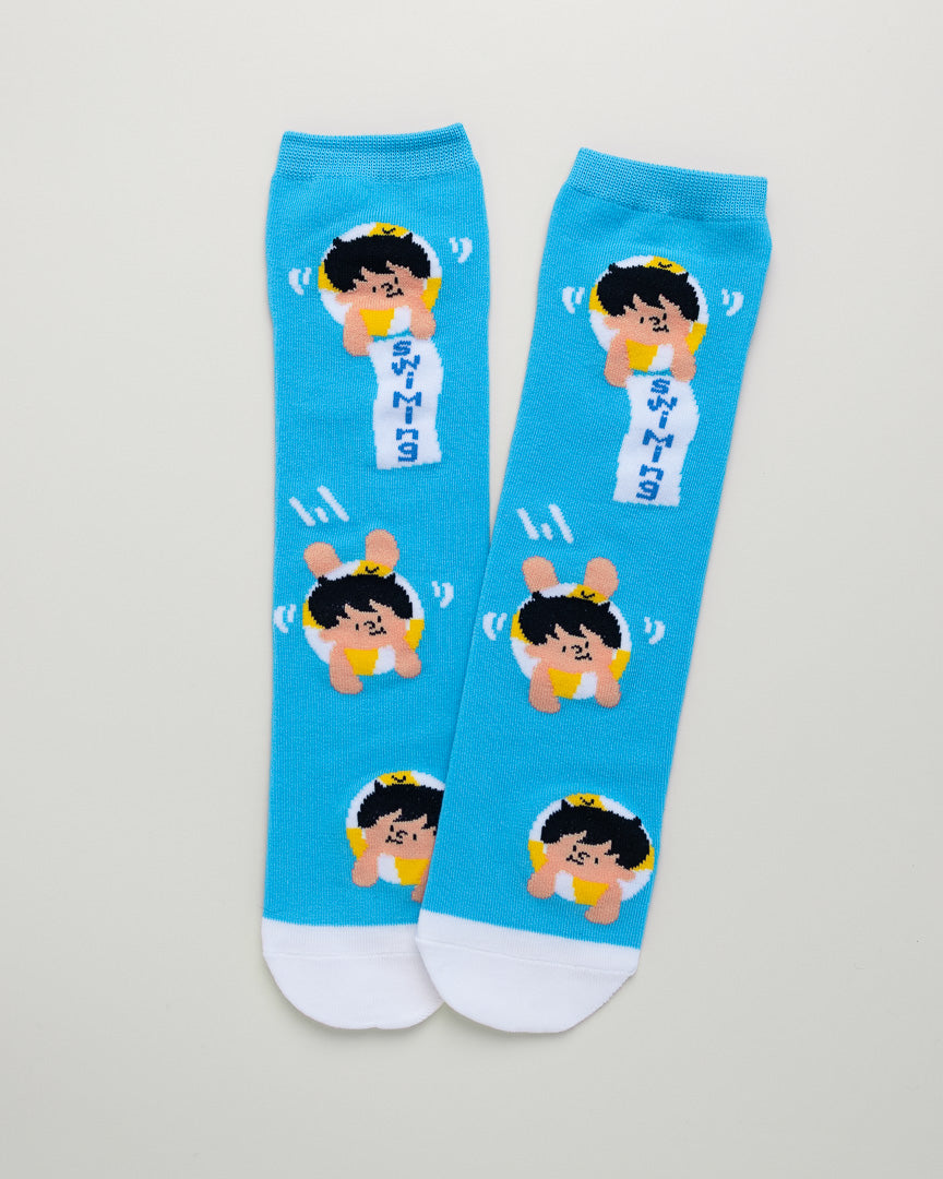 Kids' Swimming Cartoon Socks – Heel-Free Crew Style