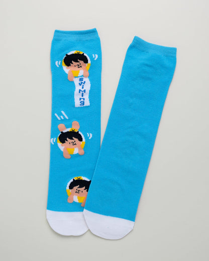 Kids' Swimming Cartoon Socks – Heel-Free Crew Style