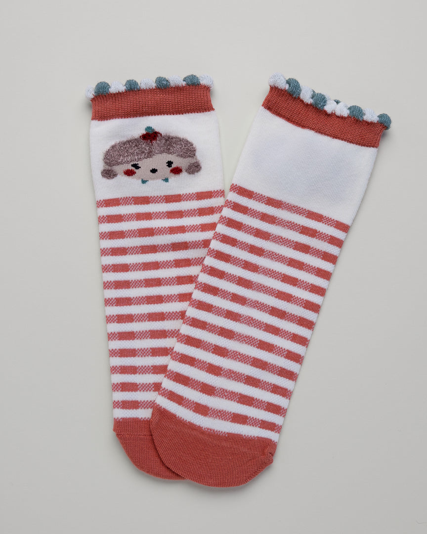 Kids' Cartoon Girl Socks – Striped Heel-Free Cotton Crew Style