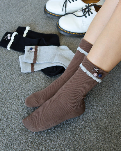 Cute Bow & Button – Women's Cotton Crew Socks