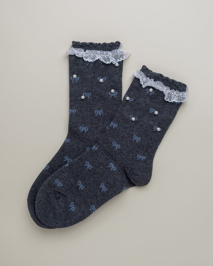 Pearl Bow Lace Women's Crew Socks