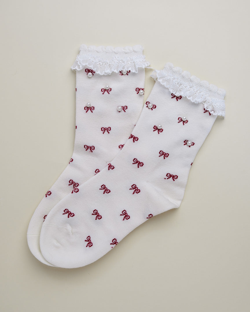 Pearl Bow Lace Women's Crew Socks