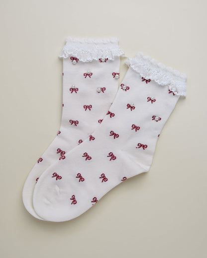 Pearl Bow Lace Women's Crew Socks