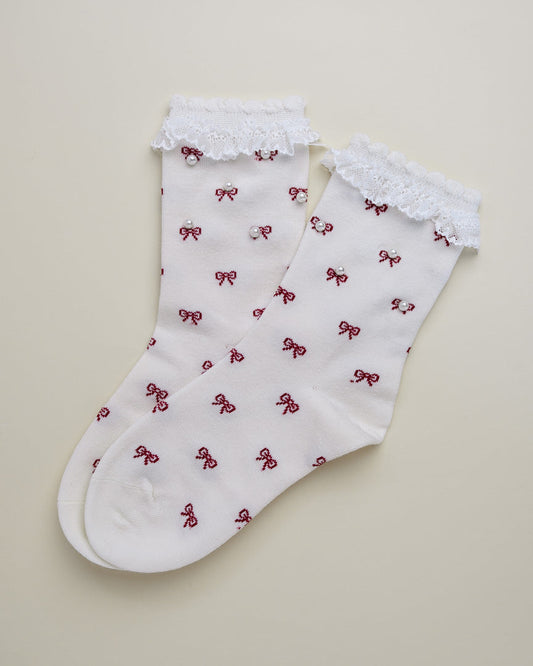 Pearl Bow Lace Women's Crew Socks