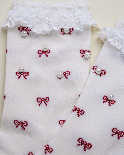 Pearl Bow Lace Women's Crew Socks