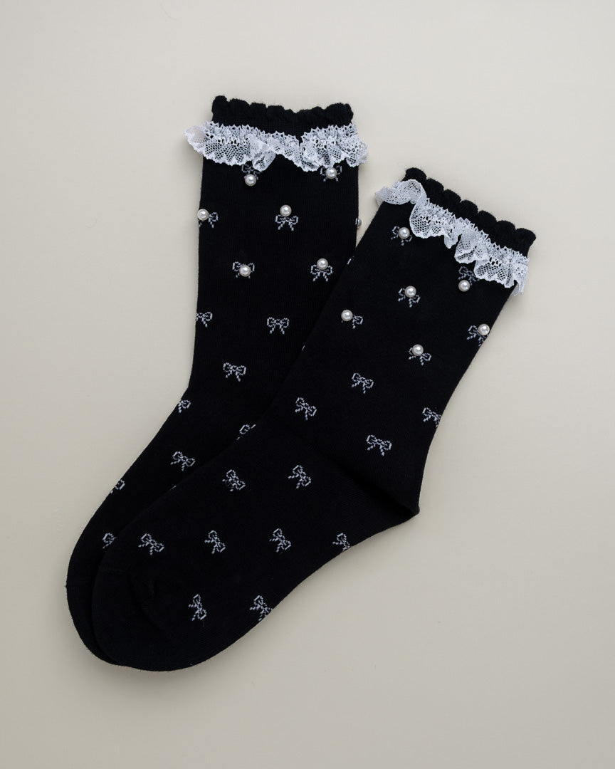 Pearl Bow Lace Women's Crew Socks